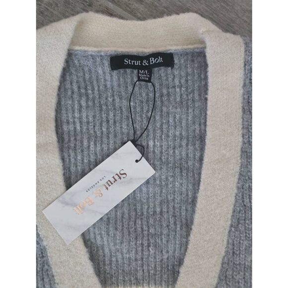 Women's Strut & Bolt Cream Gray Pink Faux Fur Cardigan Sweater Size Medium/Large - Picture 4 of 6